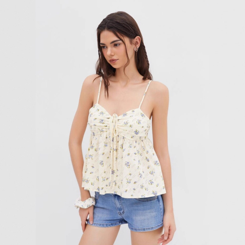 Summer Fresh Floral Wide Strap Lace-Up Sweet Versatile Camisole Top Summer Fresh Floral Wide Strap Lace-Up Sweet Versatile Camisole Top
