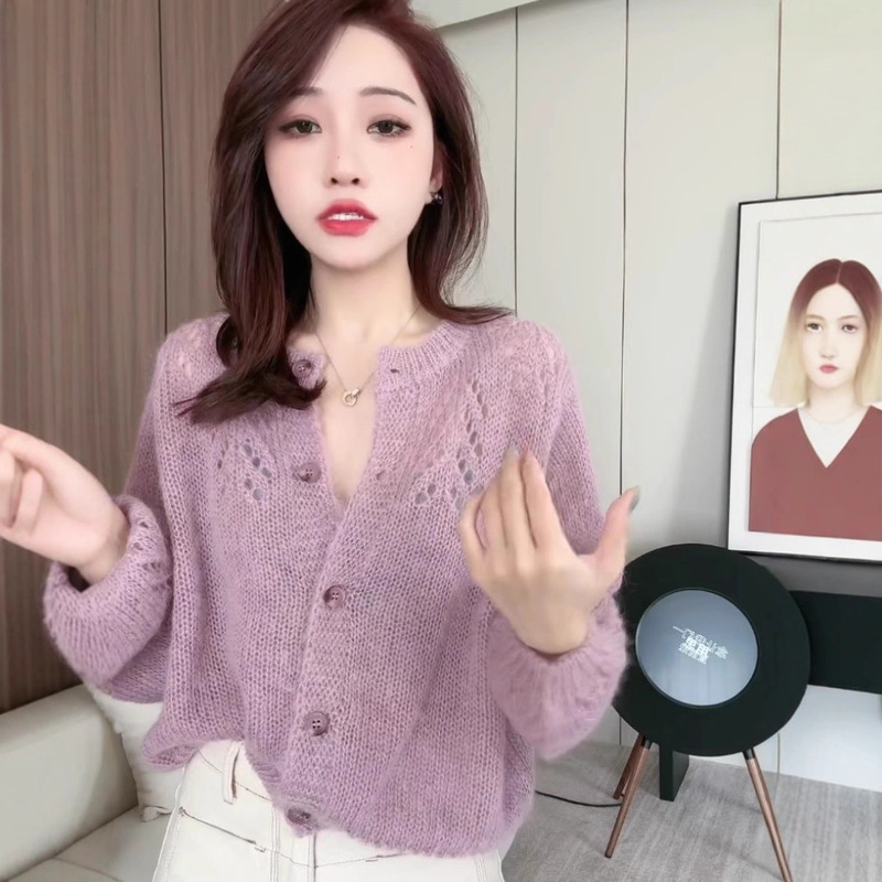 Korean-Style High-End Hollow-Out Mohair Knit Cardigan for Women, Spring and Autumn 2026 New Stylish Slimming and Age-Reducing Sweater