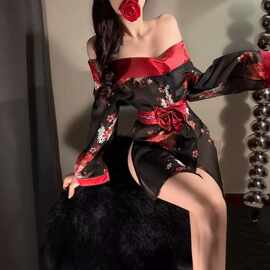 性感情趣内衣纯欲魅影印花日式和服透视露臀免脱诱惑气质套装8035