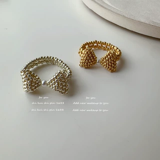 欧美金属质感米珠编织蝴蝶结戒指情侣对戒佩戴舒适日常通勤戒指