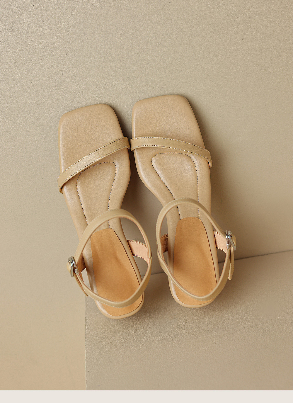 Sandal nữ quai ngang da cừu gót vuông ổn định — Màu trắng be chi tiết 15