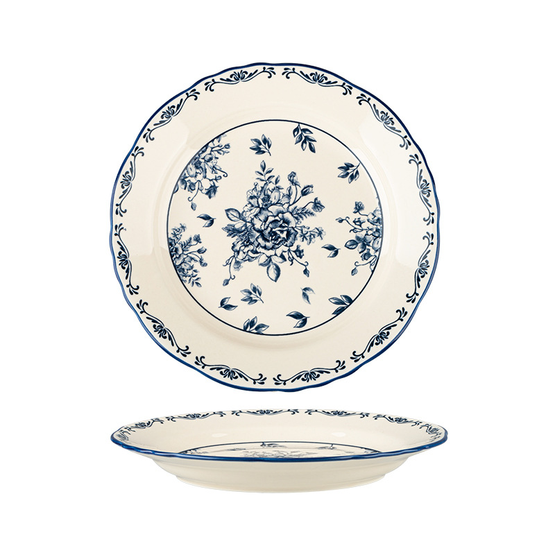 Conjunto de cubiertos de cerámica china de color azul al por mayor de alto valor de platos pareja platos de comedor retro platos de platos caseros