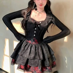 亞文化y2k赫暗黑系黑紅格紋蕾絲開衫蝴蝶結蓬蓬吊帶連衣裙兩件套