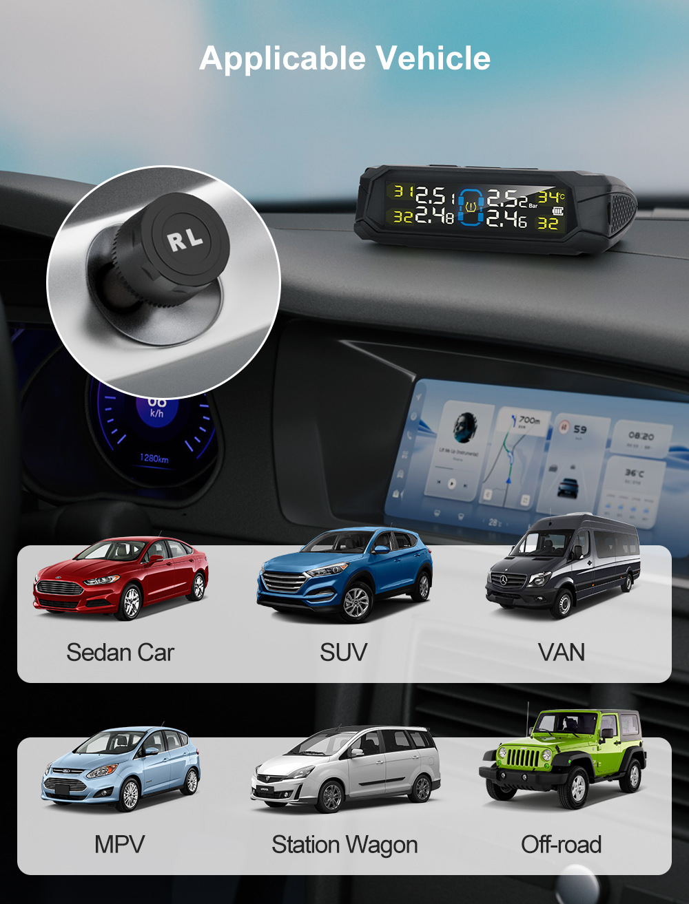 Tire Pressure Monitor Solar-Powered 4-Wheel Color Screen Digital Display Detector Wireless High-Precision Intelligent Tpms Air Pressure Detection
