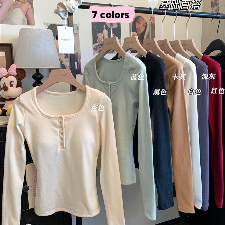 5066 # Korean Style Long-Sleeve T-Shirt with Shoulder Straps and Chest Pads for Women, Autumn and Winter, Brushed for Warmth, Round Neck, Slim Fit, Base Layer Top 5066 # Korean Style Long-Sleeve T-Shirt with Shoulder Straps and Chest Pads for Women, Autumn and Winter, Brushed for Warmth, Round Neck, Slim Fit, Base Layer Top