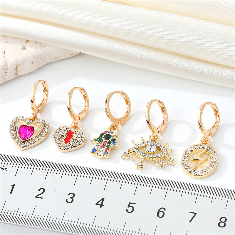 European And American Cross-border Punk Full Rhinestone Heart Lightning Demon Eye Fatima Hand Earring display picture 1