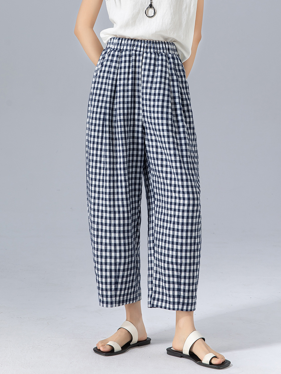Quần culottes nữ ống rộng cạp cao kẻ sọc linen phong cách Hàn Quốc mùa hè — Caro xanh lam