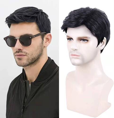 Foreign trade European and American men's wigs black chemical fiber wig wigs partial men's elastic inner net short hair wigs