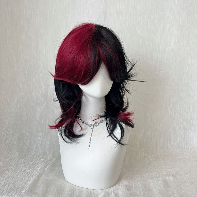 Layered Mullet Wig with Clavicle-Length Hair, Black and Red Highlights, Wolf Tail Style, Realistic Synthetic Hair, Natural Look, Full Head Wig