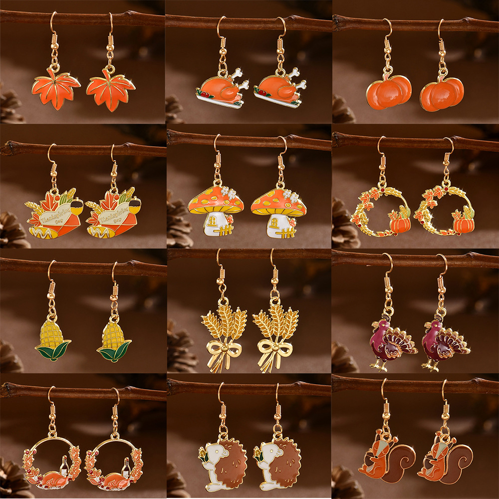 Thanksgiving Cartoon Fun Corn Turkey Pumpkin Maple Leaf Earrings Creative Personalized Alloy Oil Dripping Mushroom Earrings
