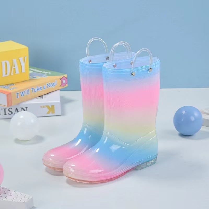 Export Rainbow Princess Children's Rain Shoes Primary School Women's Treasure Kindergarten Non-slip Mid-barrel Rain Boots Four Seasons Crystal Water Shoes