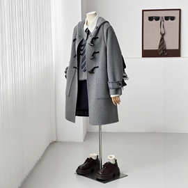 【尼斯】2025秋季新款牛角扣连帽中长款外套羊毛大衣YZ13日韩休闲