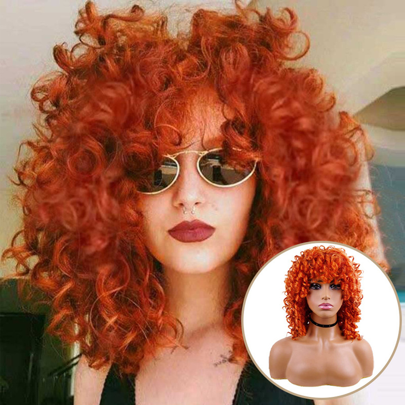 Wig Headgear Women's Short Elastic Curly Hair African Curved Roll Natural Imitation Chemical Fiber Heat Resistant Orange Headgear