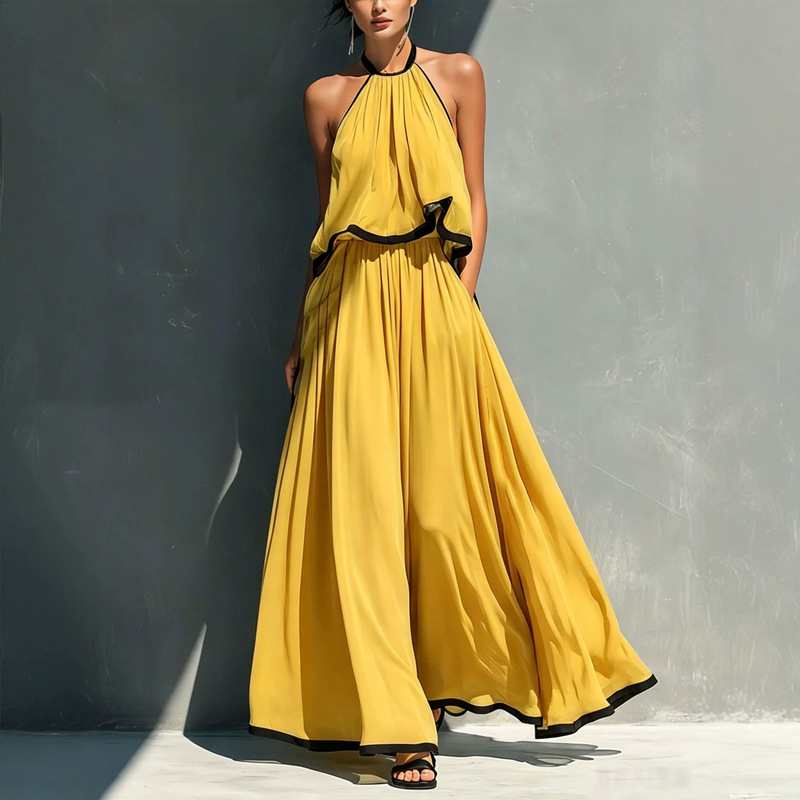 European and American Cross-Border Summer New Women's Clothing Set: Halter Neck Sleeveless Top and High-Waisted Flared Skirt as a Complete Set