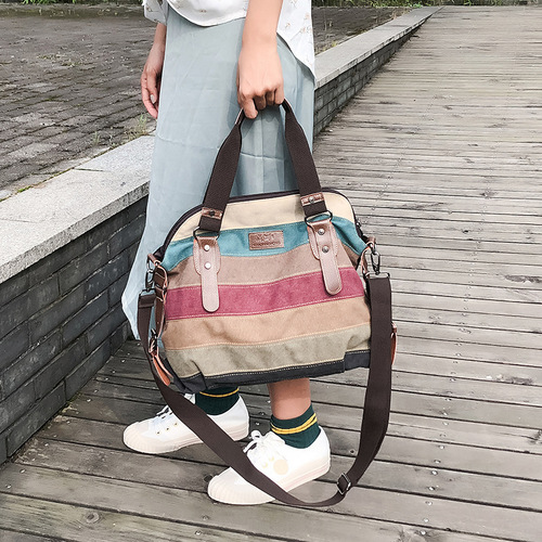 2024 new cross-border supply European and American retro canvas handbag women's rainbow stitching large capacity crossbody shoulder bag