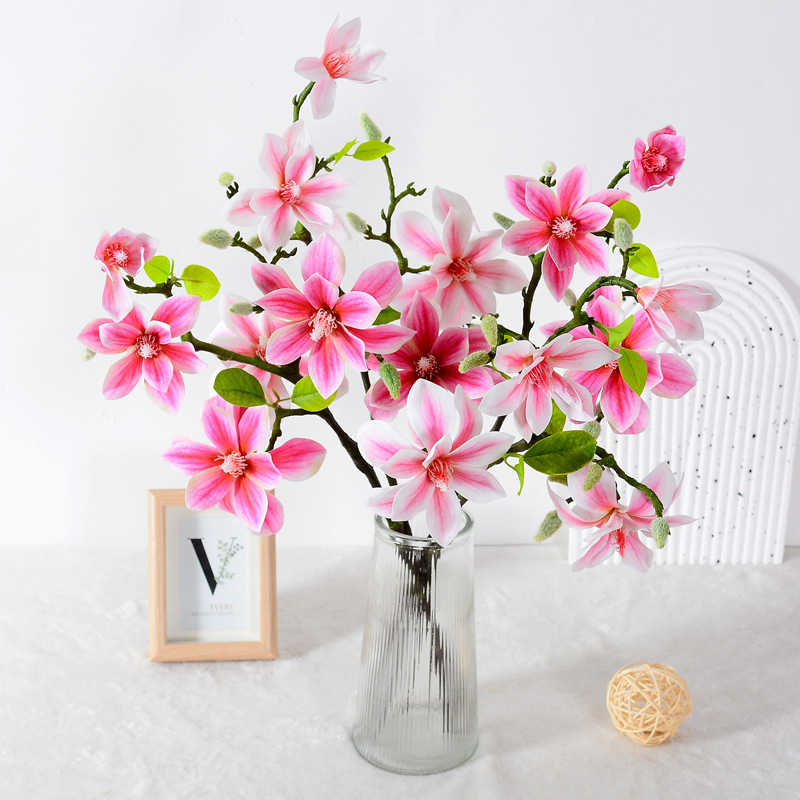 High-end feel satin cloth small magnolia artificial flower hotel lobby standing fake flower single branch 4 heads magnolia bouquet wholesale 