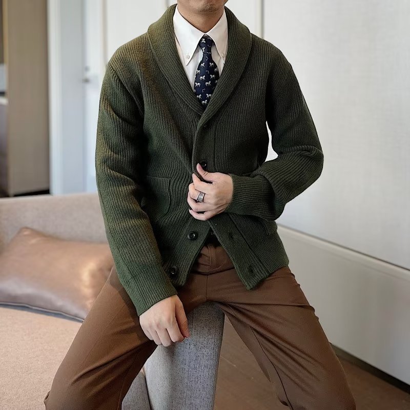 Autumn and Winter V-neck Cardigan Sweater Men's Business Loose Casual Warm Shawl Collar Naples Knitted Base Shirt