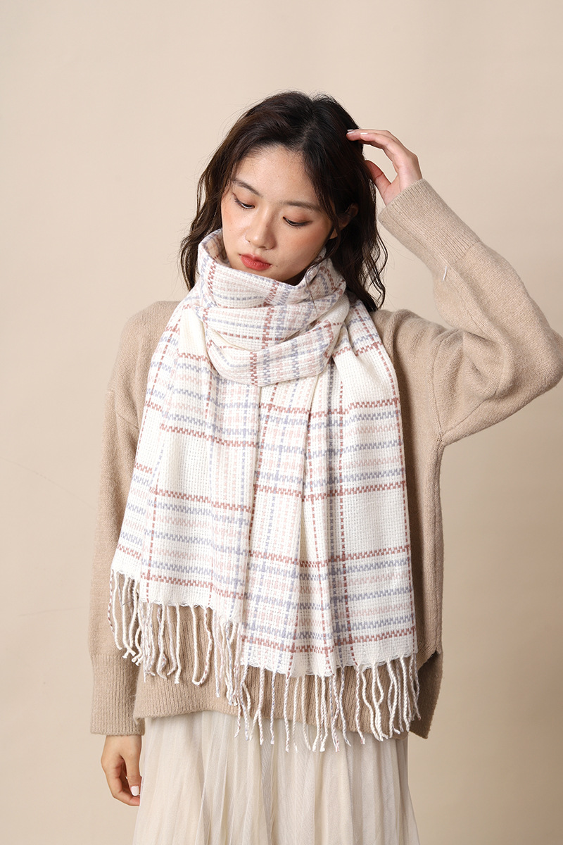 Elegant woven style cashmere 2024 new plaid women's winter Korean version versatile white student scarf_voghion.com