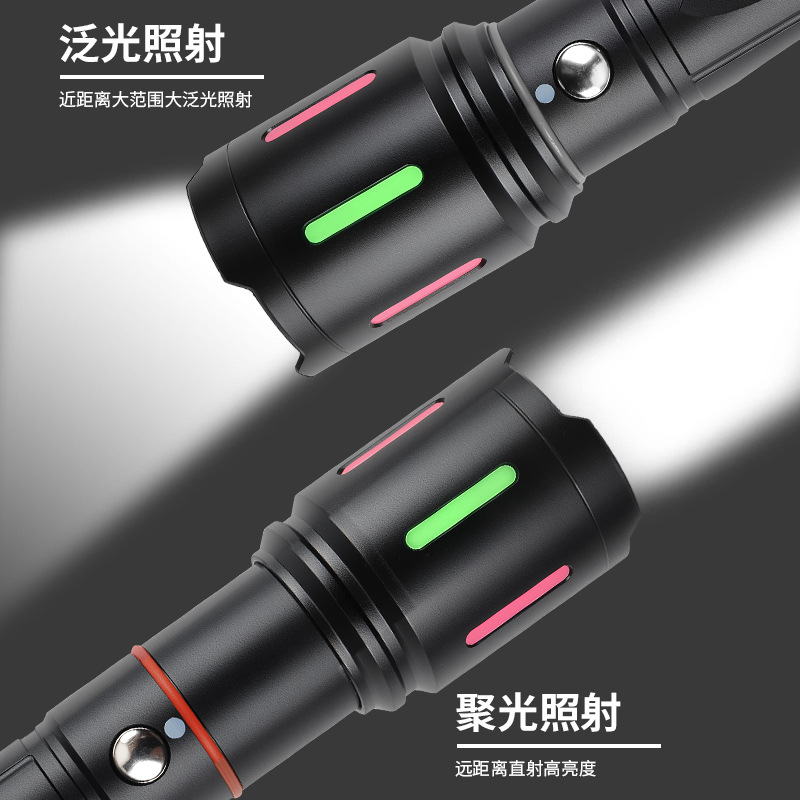 Linterna de 3 colores, luz de relleno de fotografía, zoom, linterna de luz fuerte recargable de largo alcance, equipo de iluminación de aleación de aluminio, luz roja