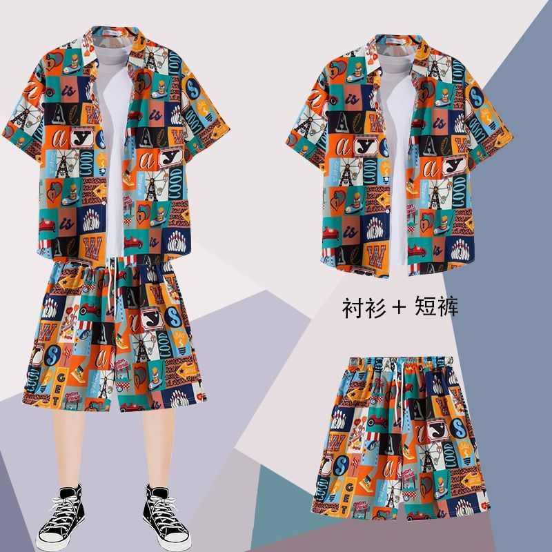 Summer Beach suit men's short-sleeved floral shirt casual sports Hawaiian couple seaside shorts vacation two-piece set