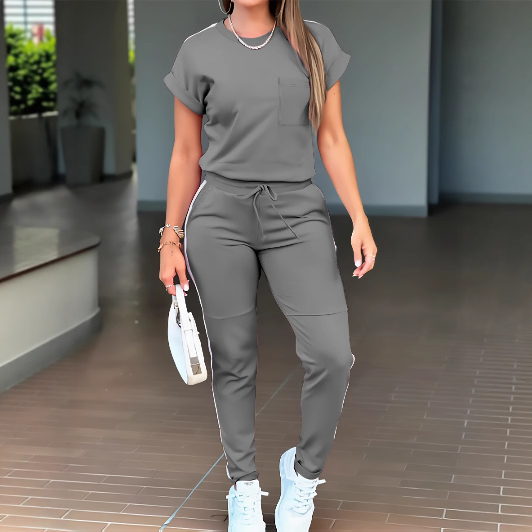 Lässiges Damen-Komfort-Set – Kurzarm-T-Shirt mit Rundhalsausschnitt und gerader Hose mit Taschen (Schwarz/Oliv/Matcha/Grau/Marineblau, S-XXL, Frühlings- und Sommer-Outfit)_voghion.com