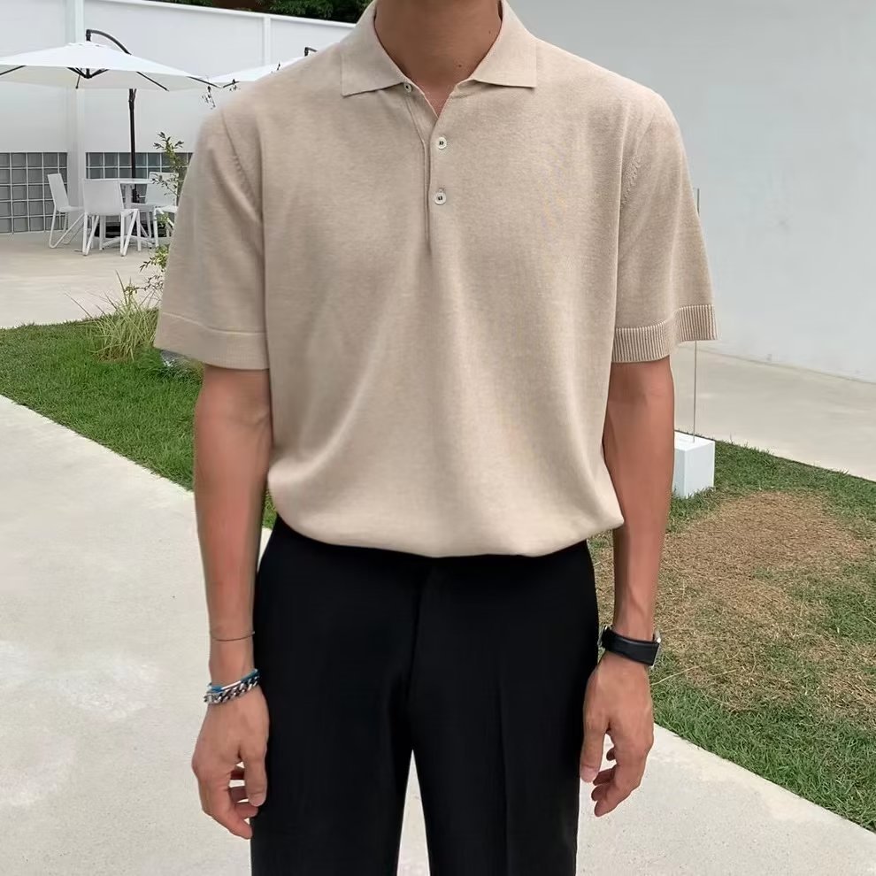 Nueva Camiseta de manga corta de seda de hielo a rayas casual ropa superior de los hombres delgados simples suéter de moda
