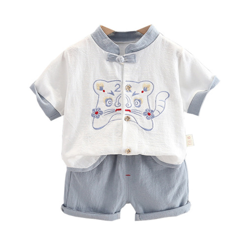 Boys' Summer Suit Set  New Trendy Korean Style Tangzhuang Short Sleeve Two-Piece Set Fashion Children's Baby Clothing