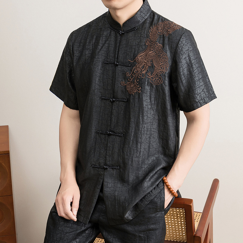 Áo sơ mi nữ tay ngắn cổ đứng lụa tơ tằm phong cách vintage — Da đen 8849