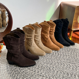 Plus Size 41-43 Cowboy Boots for Women 2025 Autumn New Pointed Toe Thick Heel Pleated Pile Short Boots Knight Boots