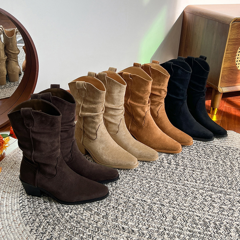 大きいサイズ 41-43 カウボーイブーツ女性用 2025 秋の新スタイルポインテッドトゥ太いヒールプリーツショートチューブマーティンブーツナイトブーツ|undefined