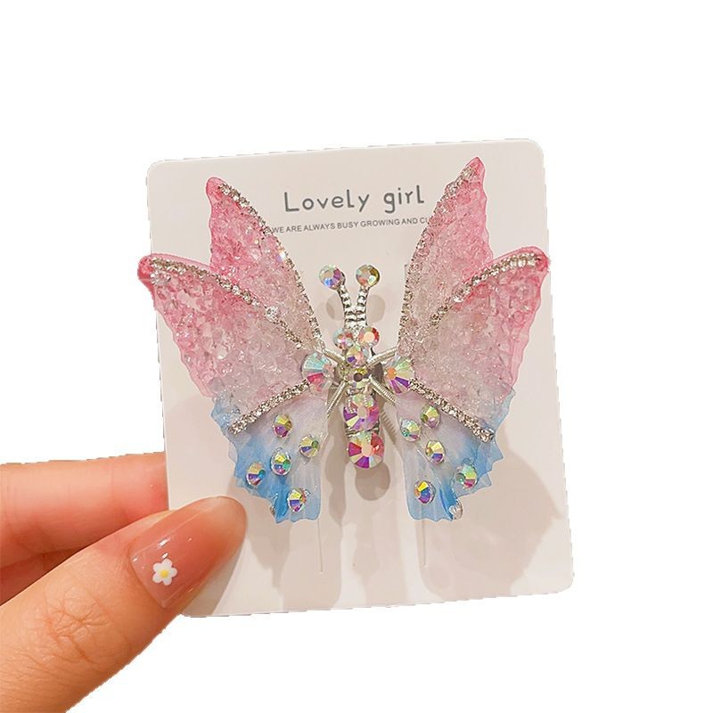 Horquilla de mariposa en movimiento horquilla de diamantes de imitación súper inmortal para niños 2025 nuevo clip de cabello roto lateral de niña accesorios para el cabello