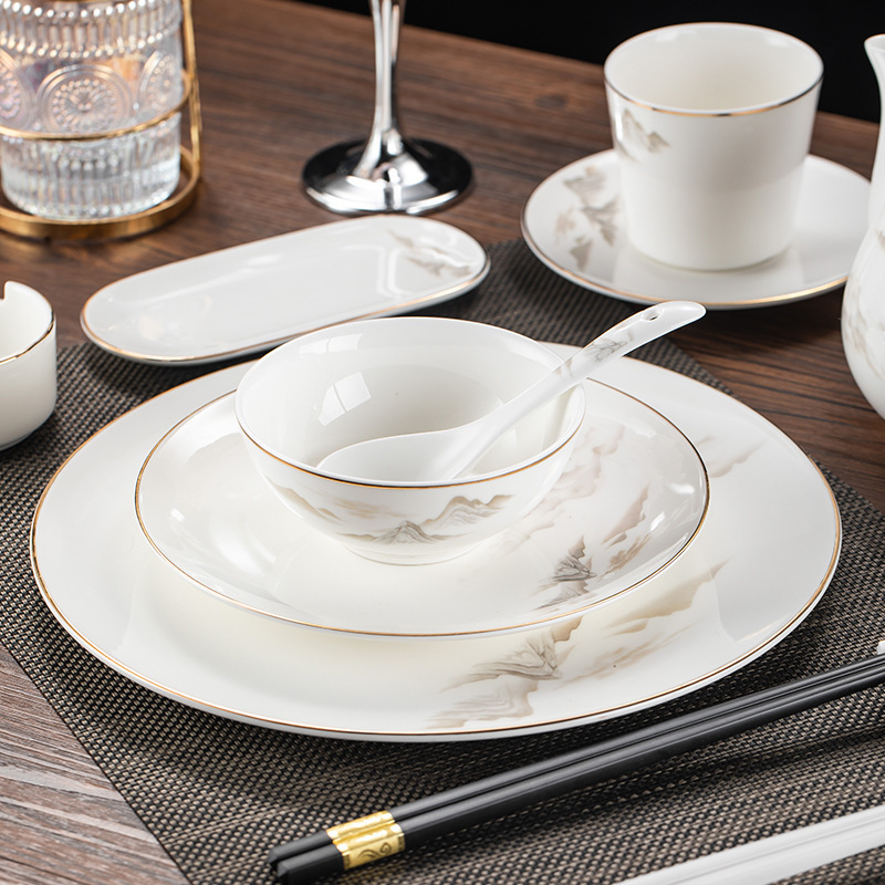 Hotel Club Table Setting Bone China Set Chinese Banquet Box Gold-Rimmed Bowls and Plates Nine-Piece Tableware Hotel Bowls and Plates