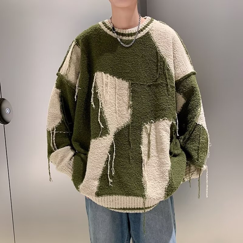 Invierno camuflaje de diseño de bordilla sensación de viento perezoso camiseta de punto pareja de hombre y mujer engrosada industria pesada suéter de color contraste chaqueta
