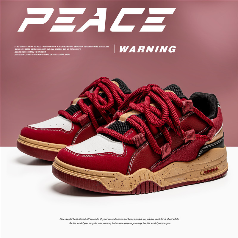 Men's Shoes 2024 New Niche Design Sense Wine Red Sneakers Trendy All-match Casual Sports Shoes Platform Bread Shoes