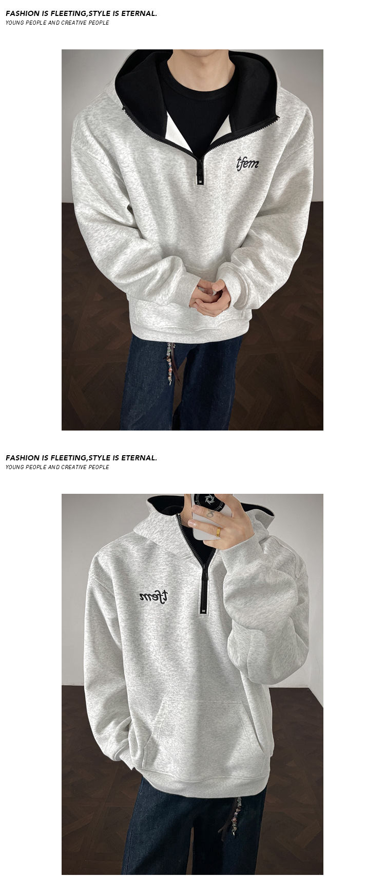Felpa con cappuccio ricamata da uomo con zip in cotone pesante_voghion.com