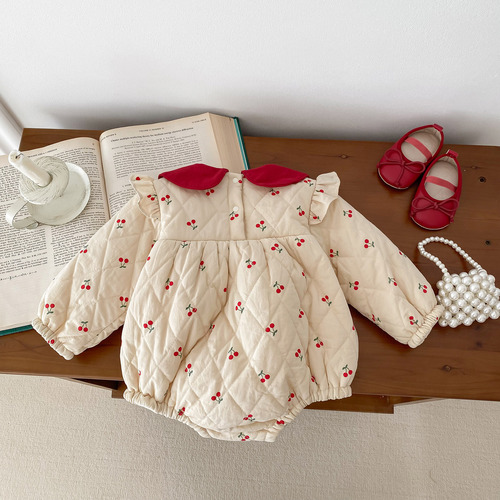 Baby autumn and winter clothes cherry quilted plus velvet bag fart clothes princess harem clothes baby girl newborn sweet onesie