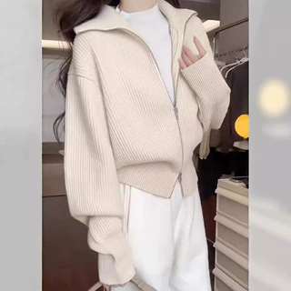 秋冬新款拉链翻领针织开衫女宽松慵懒风纯色软糯女装气质毛衣外套