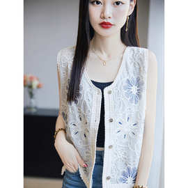 国风重工刺绣蕾丝镂空无袖马甲女夏季轻奢气质薄款坎肩针织衫上衣