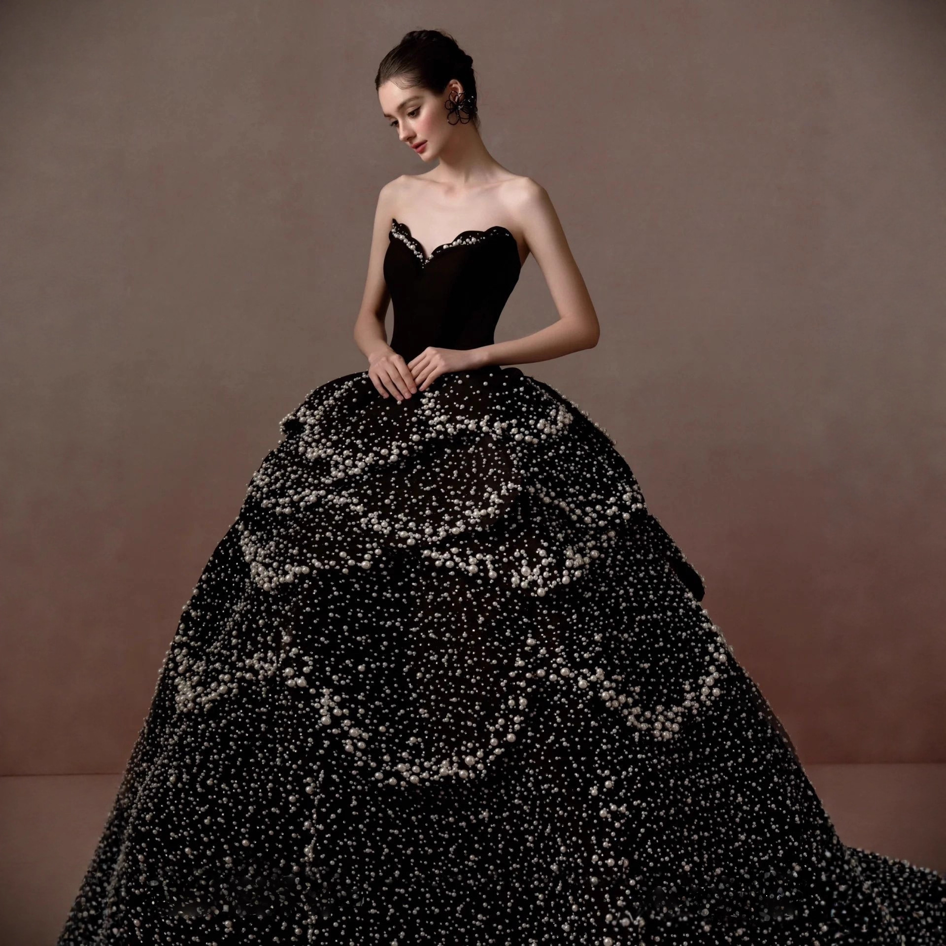 Cross-Border Heavy-Duty Strapless Pearl Evening Dress Bridal Wedding Dress Host Banquet Black Factory Direct Sale Various Colors