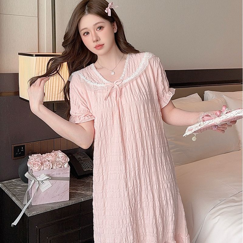 2025 verano princesa viento pijama de mangas cortas nubes de algodón encaje de color sólido vestidos para el hogar ropa