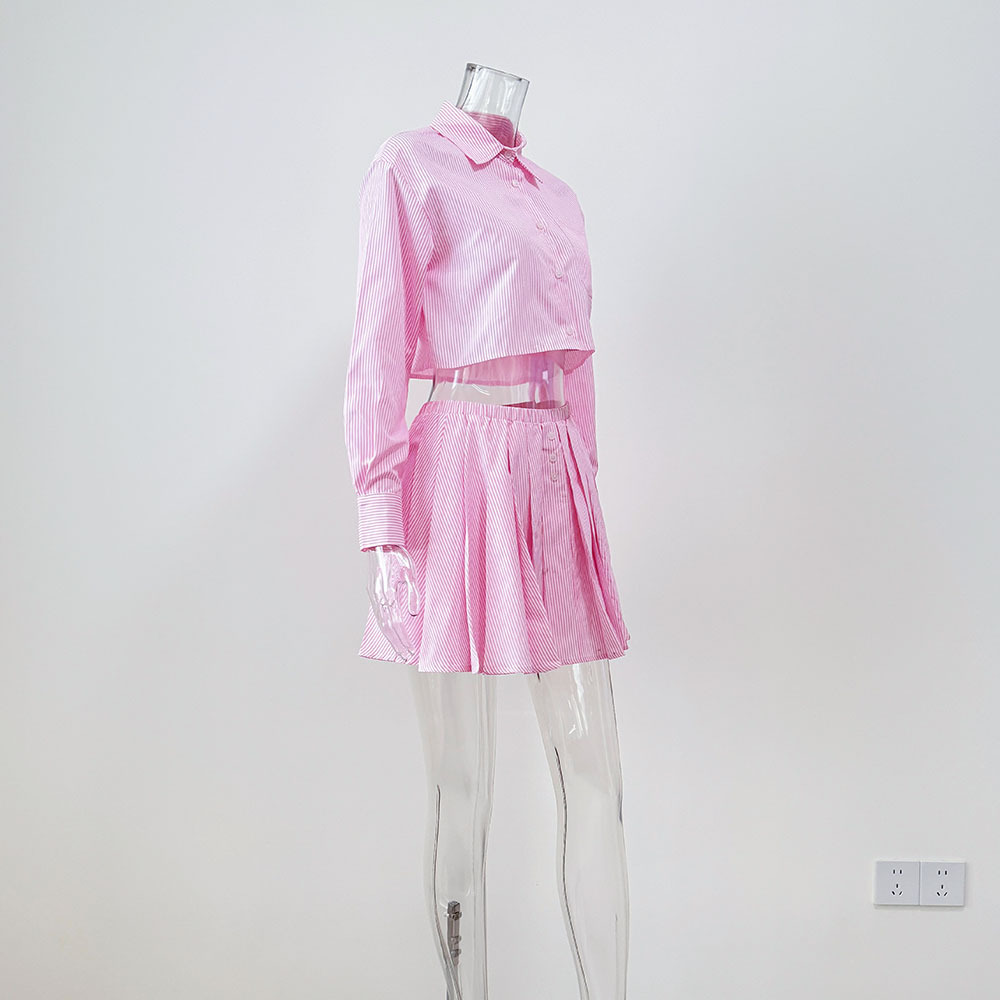 European And American Cross-Border Striped Long Sleeve Shirt Women's Tennis Fashion Casual Elastic Waist Pleated Short_ecoleips.com
