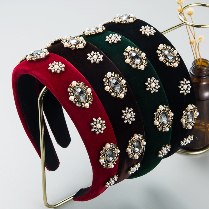 Headwear Classification Retro Fashion Women'S Plaid Diamond Rhinestones Pearl Headwear