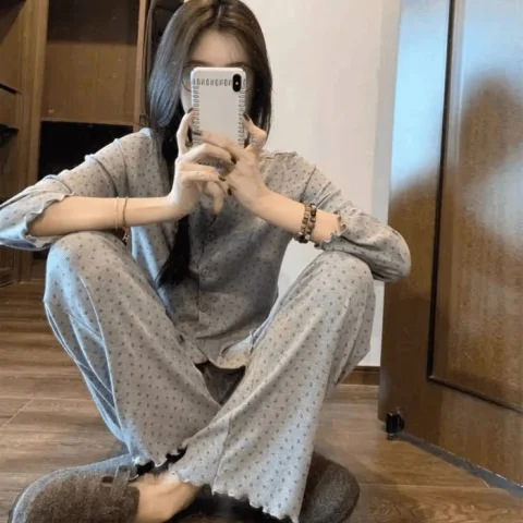 Spring New Ice Silk Ribbed Long-Sleeve Long Pants Pajamas for Women, V-Neck, Simple Casual, Same Style, Loose and Cute Loungewear