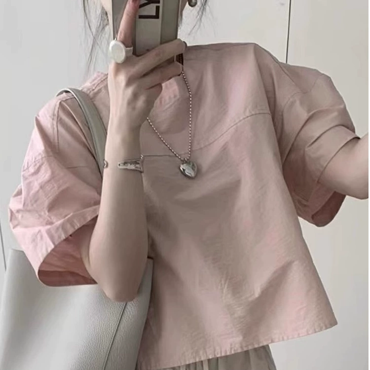Нежная и шикарная розовая рубашка из чистого хлопка в корейском стиле для женщин, свободная короткая рубашка, летний топ с короткими рукавами