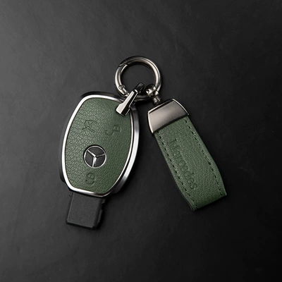 Car key bag Made of Genuine Leather, High-End Shell - mercedes-benz-c-class-3-button-key-fob-original-emblem-pendant-olive-green