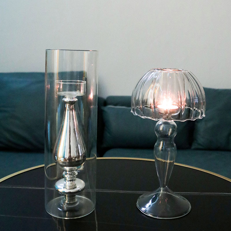 Candelabro de vidrio columnar en forma de paraguas para el hogar minimalista de estilo europeo, decoración de mesa de sala de estar de lujo ligero creativo, botella de vidrio hecha a mano