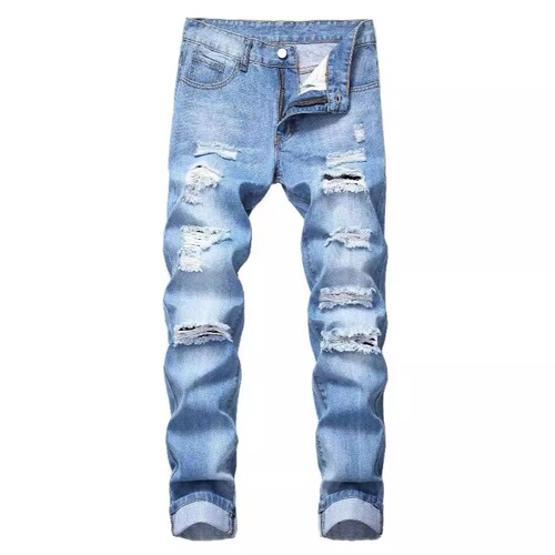 Men's Ripped Straight Leg Slim Fit Non-Stretch Jeans, Multiple Tears, North American Long Pants, Light