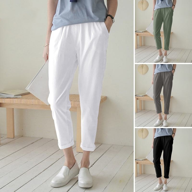 Women's High-Waisted Harem Pants 2026 Spring/Summer Casual Elastic Waist Cotton Linen Cropped Trousers Versatile Fashion_ecoleips.com