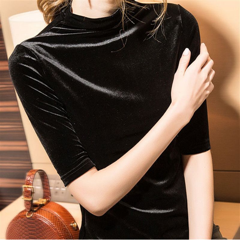5-Point Sleeve Velvet 2025 Spring and Autumn Mid-Sleeve Retro Elegant Stylish Half-High Collar Base Shirt Women's Top Fashion T-Shirt