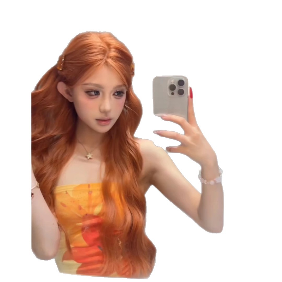 פאה ארוכה גלית טבעית לנשים של קוני בצבע חום כתום, שיער מתולתל ארוך אופנתי עם חלק אמצעי, מבהיר את המראה שלך